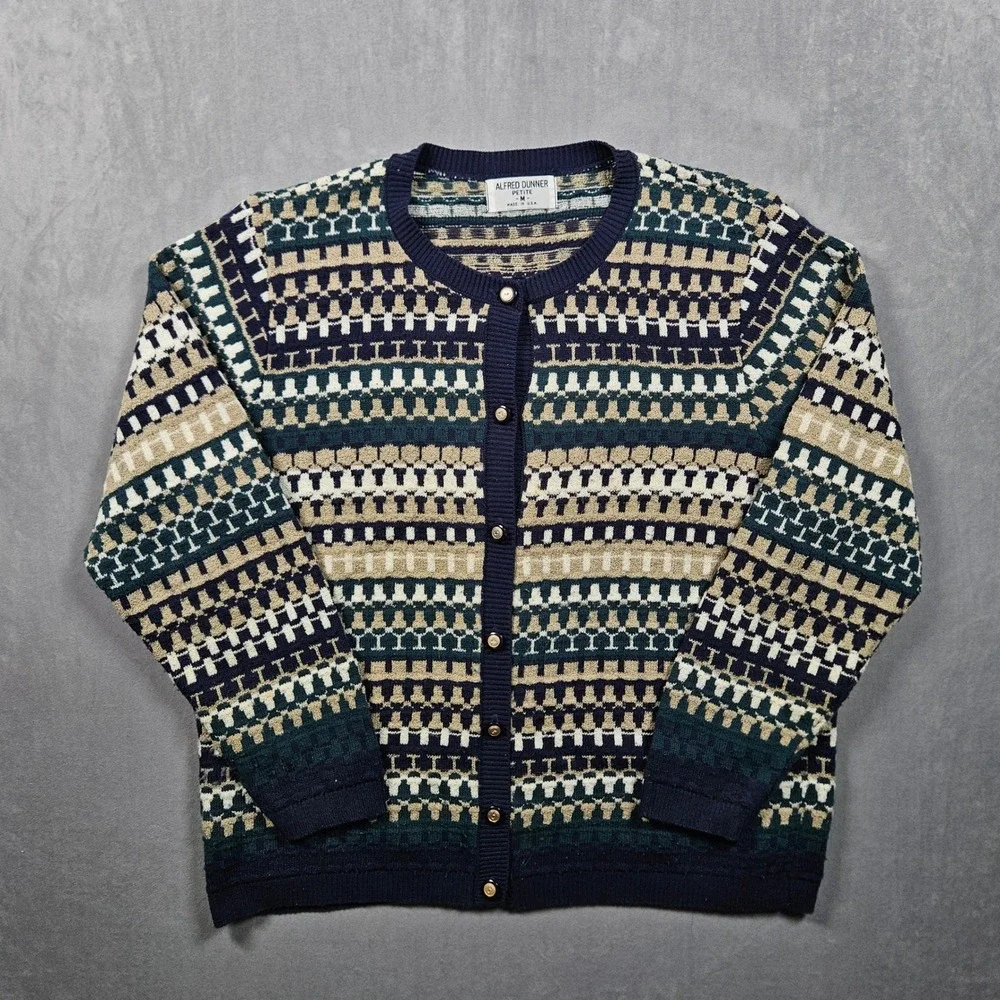 Vintage Alfred Dunner‎ Cardigan Sweater Womens Petite Medium Geometric USA 90s